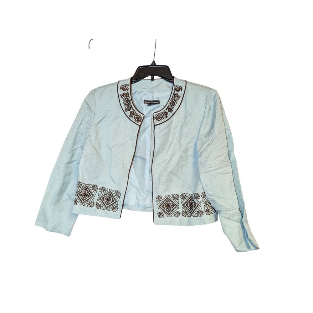 Jessica Howard Light Blue Embroidered Open Front Jacket Size 10